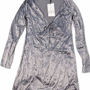 ZARA Silver-Gray Satin Tie-Front Long Sleeve Chemise